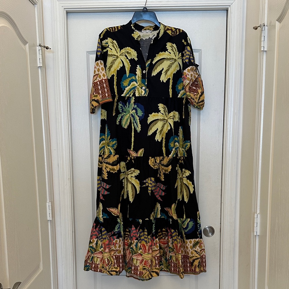 Farm Rio Style Tropical Print Black Maxi Dress